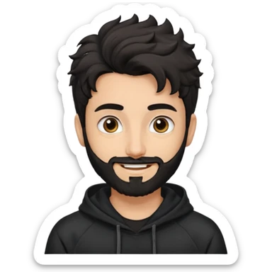 young fair skin pakistani guy smiling with black beard, wavy hair pushed back and brown eyes and big eyebrows, thin eyes , wearing black hoodie sticker