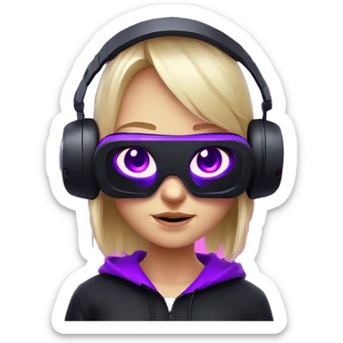 Russian cute blond student girl wearing black hoody with violet letters "OMG", in vr headset. No eyes. Cyberpunk style. Violet neon. sticker