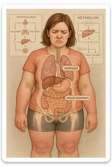 Woman with PCOS struggling with hormonal chaos, transparent overlay showing elevated androgens and insulin resistance affecting her body, lipedema causing disproportionate fat accumulation in legs and arms despite normal torso, expression of frustration with unexplained weight gain, medical charts showing complex endocrine dysfunction, painful swollen limbs contrasting with metabolic confusion sticker