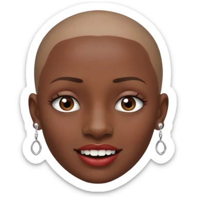 Make a emoji of a person with dark skin and has a nose ring that goes between her two nostrils and has a bunch of small earrings and who has a gap between her two front teeth and with no hair sticker