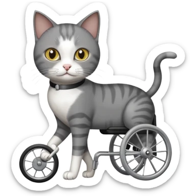 full body small short hair dark grey and white cat with hazel eyes walking in a wheelchair for cats sticker