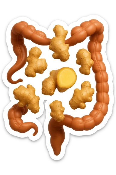 emoji stile iphone 3d di 6 piccoli pezzi di zenzero che fluttuano in aria con pezzi di colon arrotolati intorno, iperrealistico 4k sticker