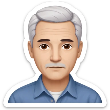 Puerto Rican actor René Monclova with round face, wide jaw, light skin. Expressive dark brown eyes, thick eyebrows. Short gray/white hair with receding hairline. Clean-shaven. Friendly expression. Wearing a dark button-down shirt. Distinguished older man with charismatic appearance. sticker