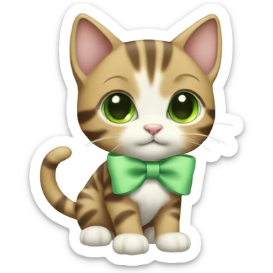 extremely cute kawaii brown tabby kitten with green eyes and pastel green bow full body sticker