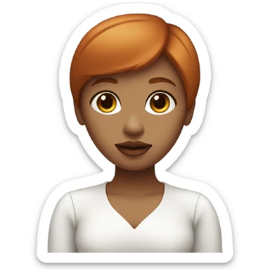 girl with straight short red hair, big lips, big eyes, calm face, in white decolletag e works on macbook sticker