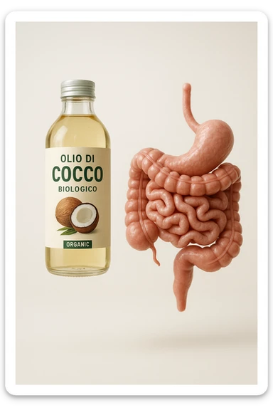 BOCCETTA DI OLIO DI COCCO BIOLOGICO (FAI UN ETICHETTA SUL PRODOTTO IN ITALIANO) CHE FLUTTUA IN ARIA INSIEME A UN INTESTINO UMANO ANATOMICO IN PERFETTA SALUTE, SFONDO CHIARO, iperrealistico 4k sticker