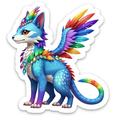 Kawaii cute colorful rainbow-colored warm-colored exotic tropical beautiful pretty elegant divine edgy feline-vernid-sergal-Fakémon-Pokémon-fursona-animal-creature with accessories, jewelries, full body, with intricate detailed markings, feathers, crystals, fins, scales, headdress sticker