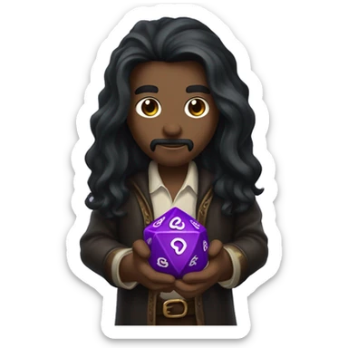 Long dark hair dungeon master holding a D20 dice sticker