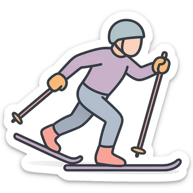 a skier using skate technique on cross-country skis, arms and poles in motion, detailed shading, thin clean outlines, soft rounded features, pastel palette #98B5BC #B5B3C1 #C9A3C9 #E4C0CA #F7DCD1 #F7C0AA, Japanese pop art, sticker look, highly detailed, vector clarity, soft lighting, subtle shadows, transparent background sticker