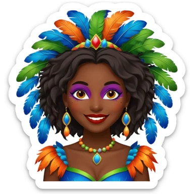 i need the same girl in "dark skin girl, dark red lipstick, nails very beautiful" to be smiling in "carnival mas costume, blue, green and orange preferably, full costume feathers at the back" she is to be smiling, hair should be dark shoulder length, black nail polish on her fingers  sticker