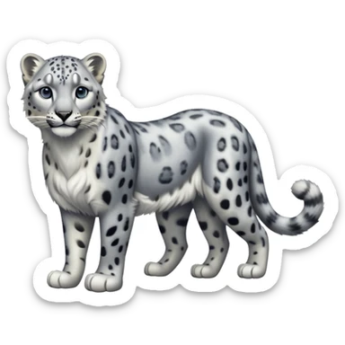 Cinematic-Snow-Leopard-Realistic-Full-Body-Standing-Emoji – Tail curled gracefully, head tilted dramatically, dense spotted fur shimmering in the cold mountain air, powerful yet elegant frame, simplified yet realistic focused features, highly detailed, glowing with an almost sarcastic glow. sticker