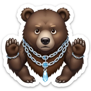 Intimidating dark brown bear on four legs with heavy ice chain around neck, frozen chain links with icicles, serious expression sticker