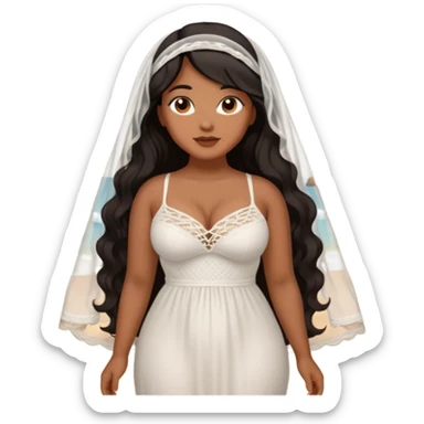 Curvy woman with brown skin with long wavy black hair, brown eyes. She's wearing a white crotchet dress getting married on a beach sticker