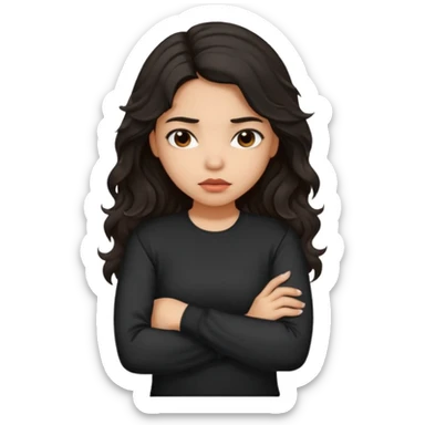 Hispanic girl with dark long wavy hair crossing her arms while pouting and wearing a black long sleeve shirt sticker