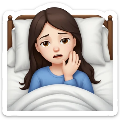 girl with long dark brown hair brown eyes and pale skin crying in bed tired sick sticker