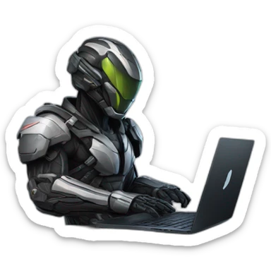 Side view developer behind his laptop with this style : Crytek Crysis Video game with nanosuit hacker themed character sticker