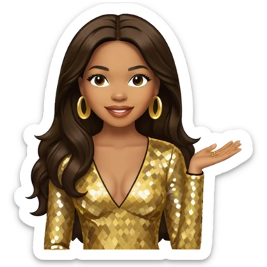 Tenitra Michelle Williams, R&B Singer from Destiny's Child with long dark brown hair, gold sequin outfit, medium dark skin sticker