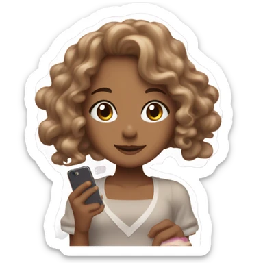 a tan girl with long curly brown hair on her iphone 16 thats white and has a cinnamonroll case from sanrio sticker