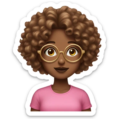 girl with brown curly hair brown skin gold circular glasses pink shirt jewelry sticker