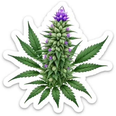 Cannabis plant with purple buds, crystal trichomes, and small wedding elements, wedding crasher strain sticker
