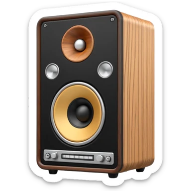 3D render of Speaker Stack, vintage 1980s audio equipment aesthetic, tactile analog buttons, matte black cabinet with a large white cone center, mixed wood grain and brushed aluminum textures, Apple emoji style, isolated on white background --v 6.0 sticker