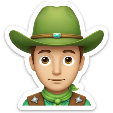 Cowboy face with a bright green cowboy hat sticker