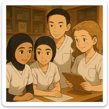 Four nursing students inspired by the four provided faces, working together in a care station, in Ghibli style. They wear short-sleeved white uniforms without collars or stethoscopes, medical tunics with V-neck and left chest pocket, no clothing extending beyond sleeves. They interact showing team spirit and collaboration, warm and professional atmosphere. sticker