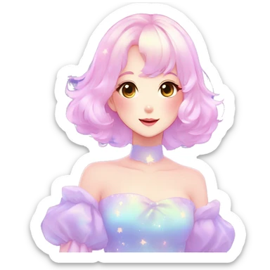 Gorgeous pastel anime style lady blushing nebula-gradient-sparkle face dreamy idol model colorful shiny stars galaxy kawaii cottagecore pearly petite simplistic aesthetic trending style sticker