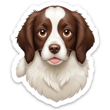 Cinematic Cute Springer Spaniel Portrait Emoji, Head tilted playfully and inquisitively, featuring a vibrant Fur of liver and white with a natural sheen, round, sparkling brown eyes filled with curiosity, Simplified yet irresistibly adorable features, highly detailed, glowing with a warm, friendly glow, high shine, affectionate and lively, stylized with a touch of whimsy, bright and endearing, soft glowing outline, capturing the essence of a mischievous yet loving pup, so playful it feels like it could frolic out of the screen and into your arms! sticker