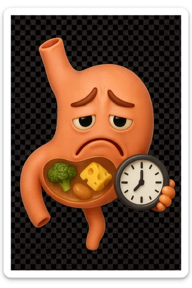 EMOJI STILE IPHONE 3D DI UNo stomaco umano con espressione dolornate, ha del cibo visibile dentro che non sta digerendo. in mano tiene un orologio da muro, iperrealistico 4k sticker
