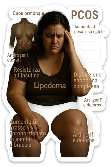 cinematic realistic in italiano Woman with PCOS struggling with hormonal chaos, transparent overlay showing elevated androgens and insulin resistance affecting her body, lipedema causing disproportionate fat accumulation in legs and arms despite normal torso, expression of frustration with unexplained weight gain, medical charts showing complex endocrine dysfunction, painful swollen limbs contrasting with metabolic confusion in italiano sticker