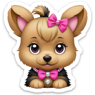 Yorky puppy with short face, big eyes topknot with hot pink bow and rhinestone necklace pink diamond sticker