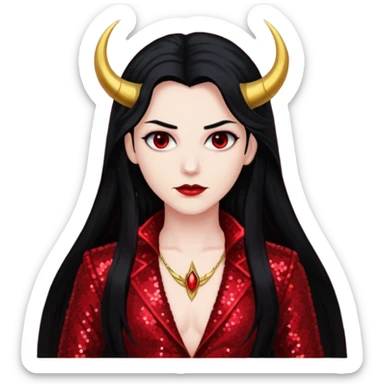 Lucifer with long black hair, dark red sequin outfit sticker