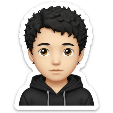 Now create boy with little bit curly dark black hair with black hoodie on and make him light skin sticker