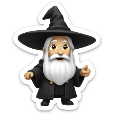 A wizard with a black hat and a black coat. He has a white beard. he is  pointing downards his full body is shown sticker