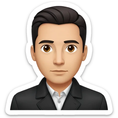 Attractive Hispanic TV host in his early 40s with light brown skin, short straight black hair slicked back with fade on sides, square handsome face with strong jawline, friendly approachable expression, wearing black jacket with white buttoned shirt underneath sticker