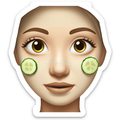 White girl with Brown hair and blue eyes wears a Green colored skincare clay textured mask and puts on cucumbers around her eyes while She relaxes in her white Robe sticker