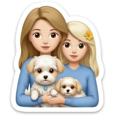 two women holding Maltese dog one is brunette the other is blonde long haired  sticker