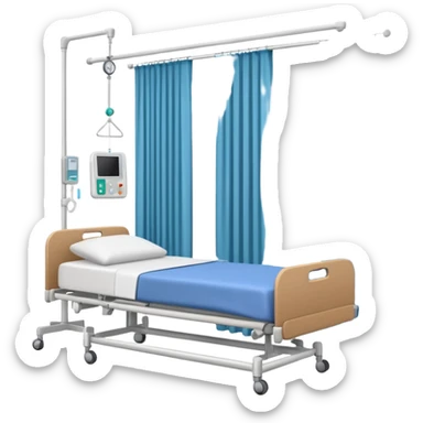 A clean patient room with hospital bed, curtain divider, and IV stand.
 sticker