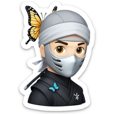 Crea una imagen con estos dos emoji 🥷🏻🦋
él ninja de piel blanca con la mariposa posada en el hombro como si estuviera volando. sticker