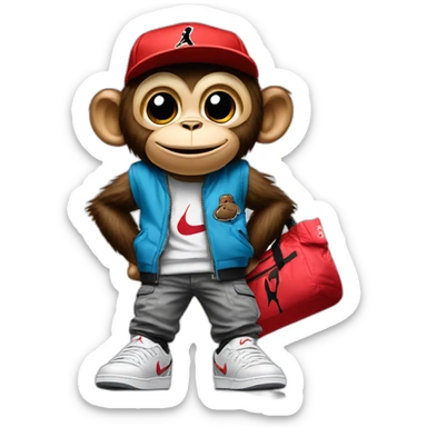 Monkey wearing Jordan 4 on its  feet  with a bunch of Nike clothes  with a Nike hat sticker