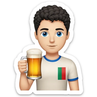 white guy thick eyebrows blue eyes with short curly black hair holding beer wearing a shirt with the italian flag sticker