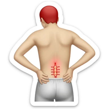 A person standing and holding their lower back in pain, with a red highlight showing the sore area. The person’s face expresses discomfort, and the background is plain white. Realistic lighting, medical concept illustration showing lower back soreness or muscle strain. sticker