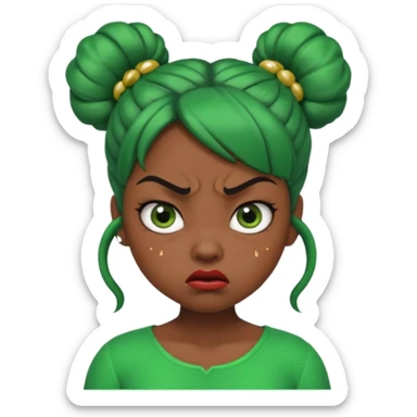 Create a 3D cartoon-style girl character with dark skin, round face, angry expression, big wide eyes, and tightly styled double buns made of green beaded hair. The girl should look irritated, eyebrows sharply angled, and lips pressed in a frown. sticker