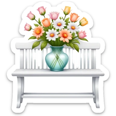 White bench with a romantic lush warm-colored flower vase on top sticker