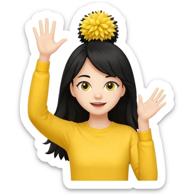 A long black hair teen girl waving pom-poms, eyes sparkling with excitement, yellow top sticker