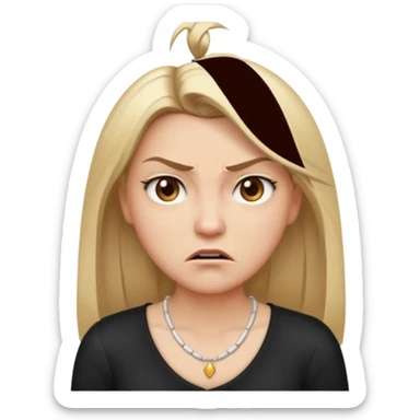 Cartoon emoji of a girl with long, straight blonde hair, fair skin, soft brown eyes. Wearing a white top with a delicate necklace, angry facial expression, furrowed brows, slightly pursed lips. Smooth, simple, stylized. sticker