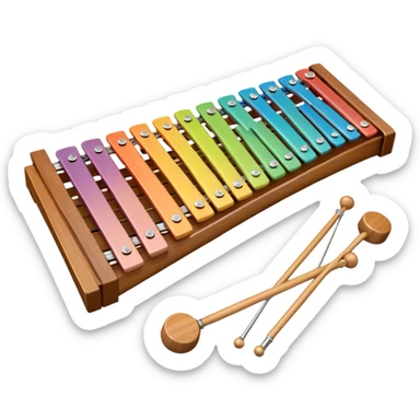 Create a vibrant and detailed emoji representing a Fleet FLT-SX37 xylophone. The design should feature the sleek wooden keys of the xylophone, arranged neatly on the frame, with metal bars clearly visible. Add the mallets placed beside the instrument or in motion, highlighting their soft rubber heads. Use warm, natural wood tones for the keys, with subtle metallic accents to reflect the professional quality of the instrument. Add small musical notes or soundwaves around the xylophone to evoke its bright, percussive sound. The background should be transparent. sticker