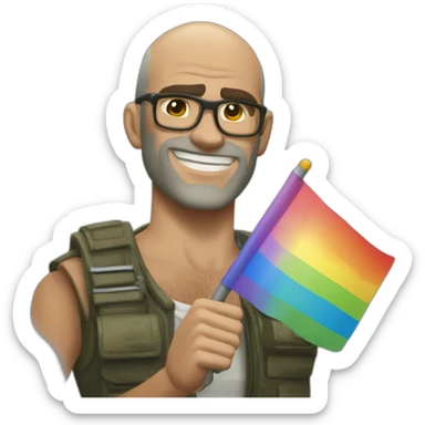 Trevor Philips holding a lgbt flag and giving a thumbs up sticker
