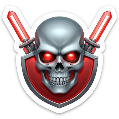 Sci-fi shield badge, terminator style skull, glowing red eyes, crossed futuristic light sable and energy sword, no background sticker
